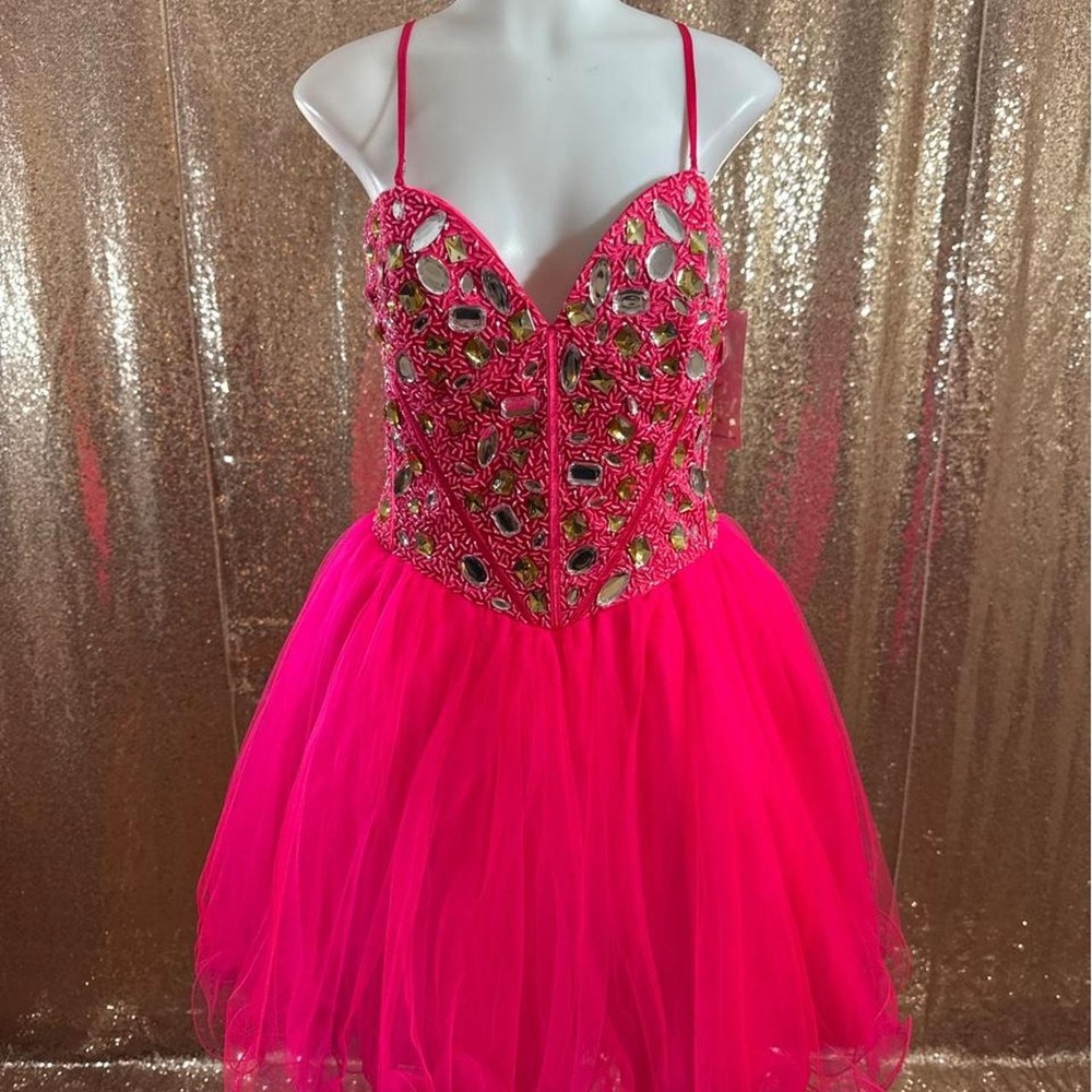 Hot Pink Rhinestone Beaded Tulle Corset Dress Homecoming/Size XL